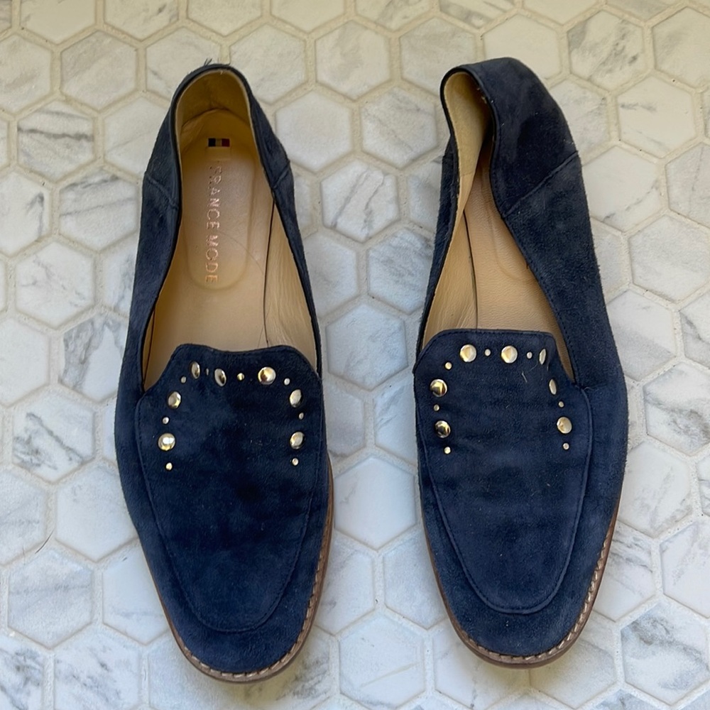 Worn suede, navy loafers. size 38